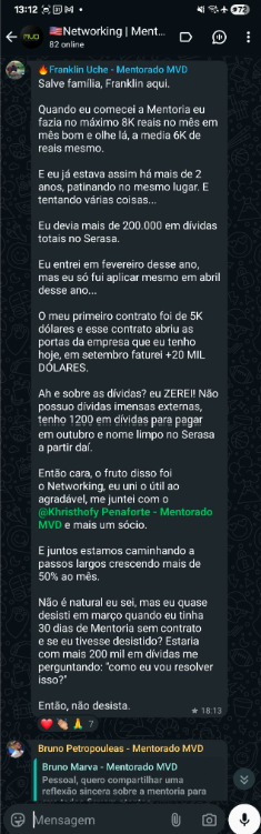 Print de Franklin explicando um case no grupo